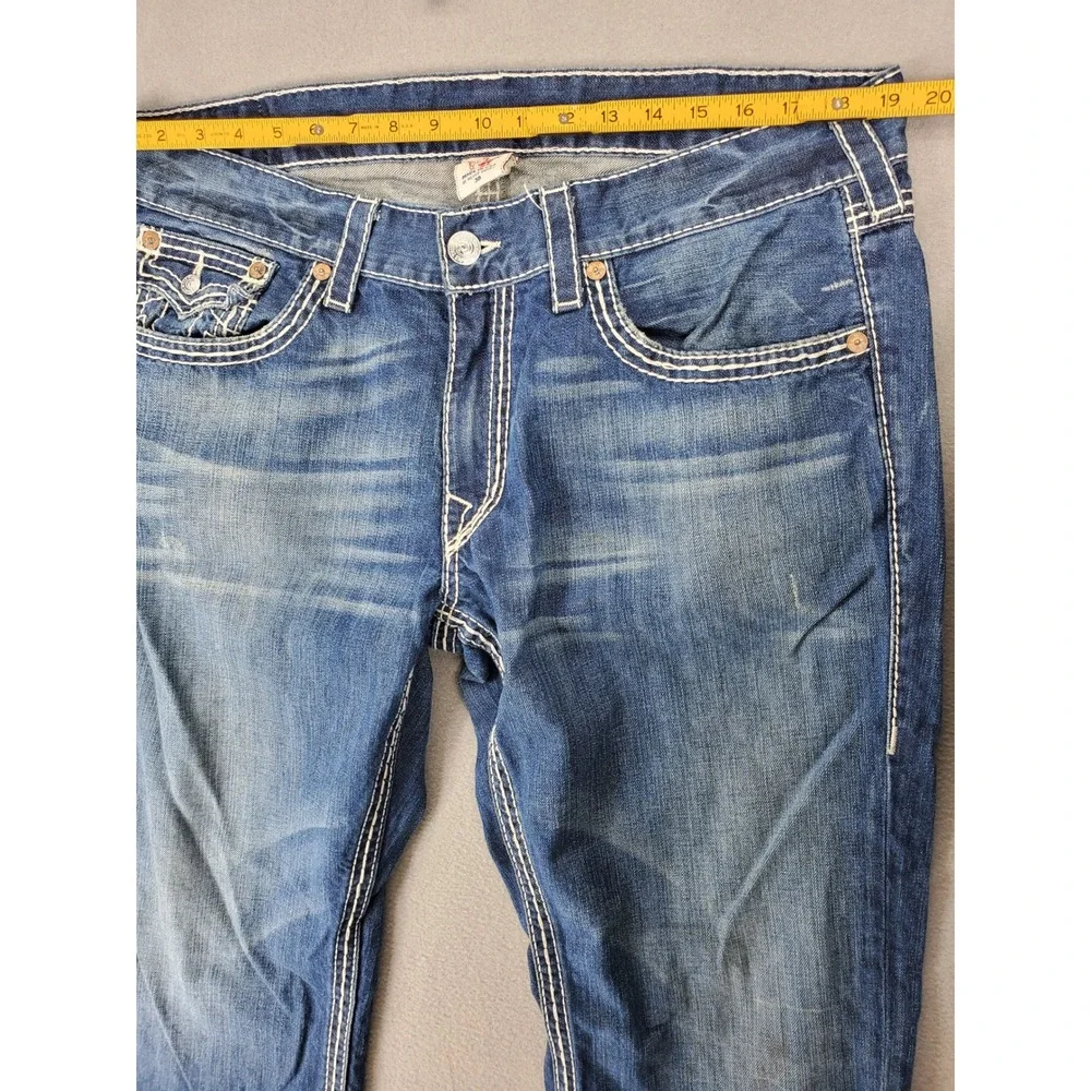 True Religion Straight Jeans Mens 38x33 Blue Big T Stitch Flap‎ Pocket USA Made